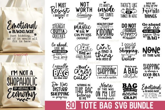 30 Funny Tote Bag SVG Bundle for Crafts & Brand Graphics